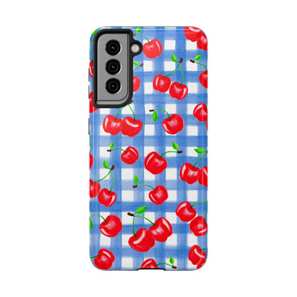 Tossed Red Watercolor Illustrated Cherries Light Blue Gingham Tough Phone Case | Various Models