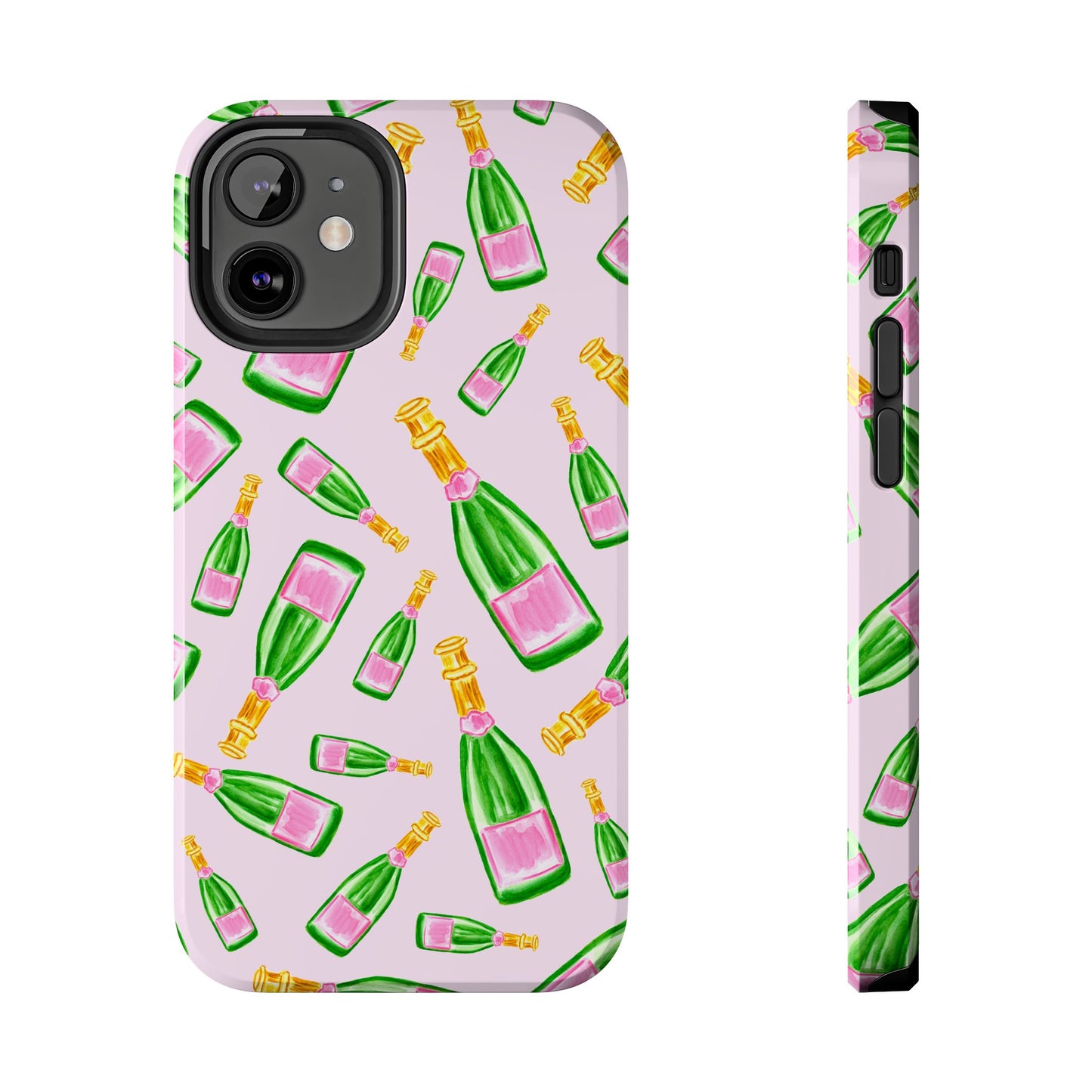Tossed Pink and Green Watercolor Illustrated Champagne Bottles Pattern Blush Pink Tough Phone Case | Various Models