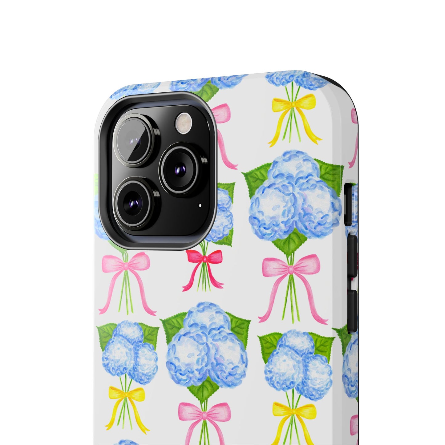 Blue Hydrangeas with Hot Pink, Yellow, Light Pink Bows Watercolor Illustrated Patterned Tough Phone Case | Various Models