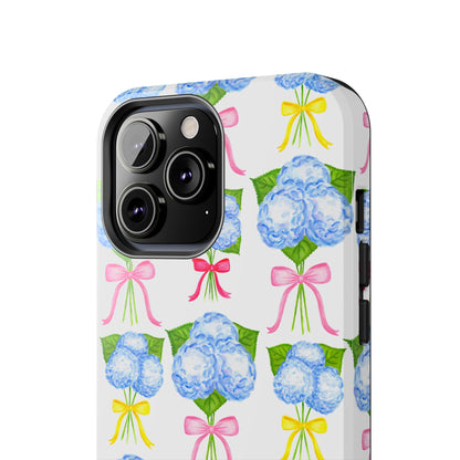 Blue Hydrangeas with Hot Pink, Yellow, Light Pink Bows Watercolor Illustrated Patterned Tough Phone Case | Various Models
