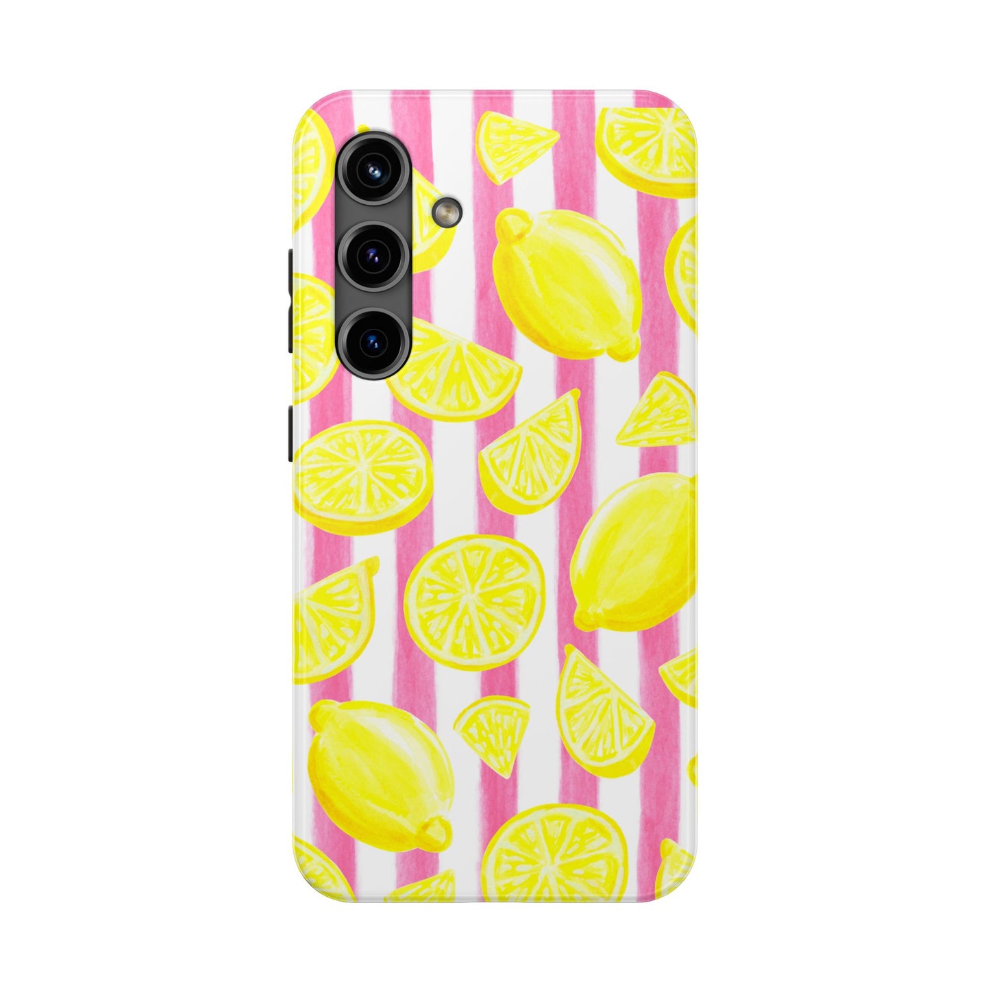Pink Lemonade Yellow Lemons with Pink & White Watercolor Stripes Tough Phone Case
