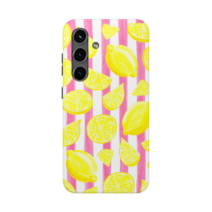 Pink Lemonade Yellow Lemons with Pink & White Watercolor Stripes Tough Phone Case