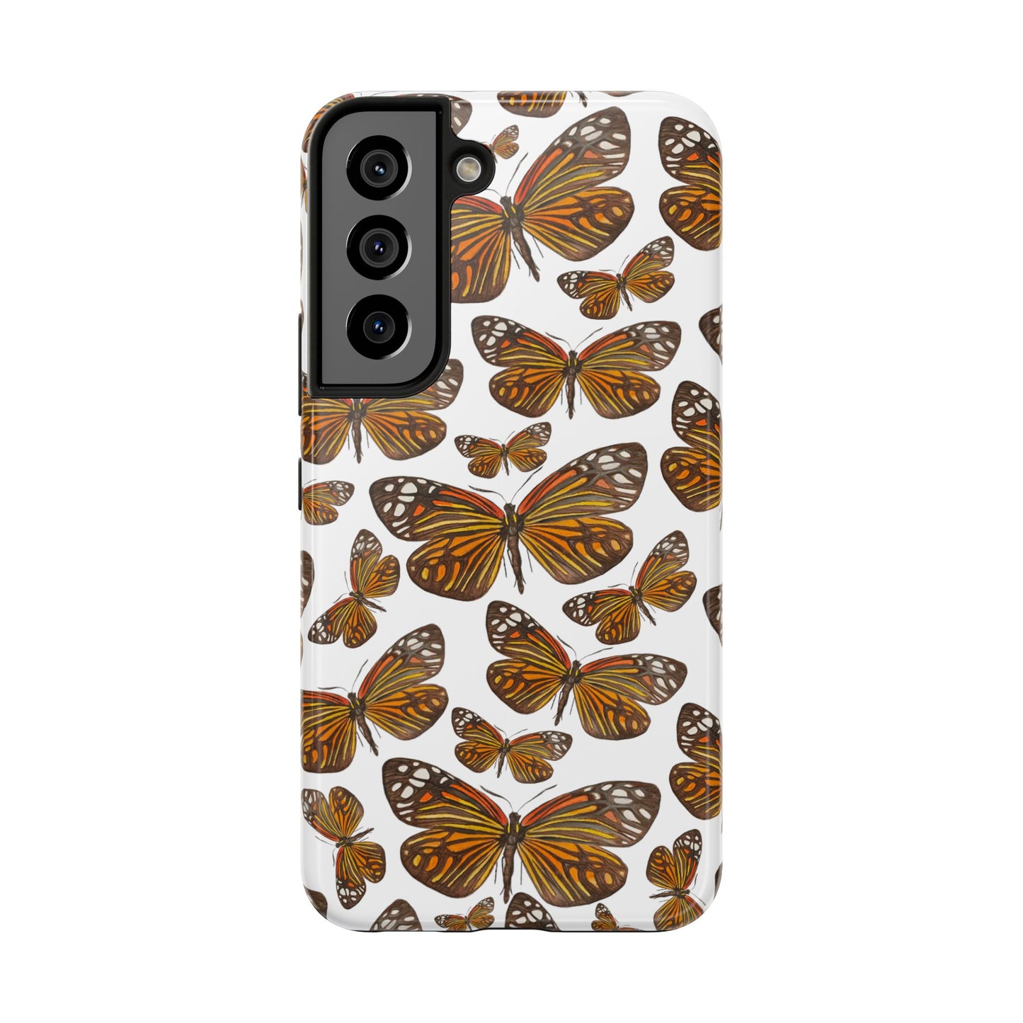 Black & Orange Butterfly Watercolor Illustrated Tossed Pattern Tough Phone Case | Various Models Samsung Galaxy S22