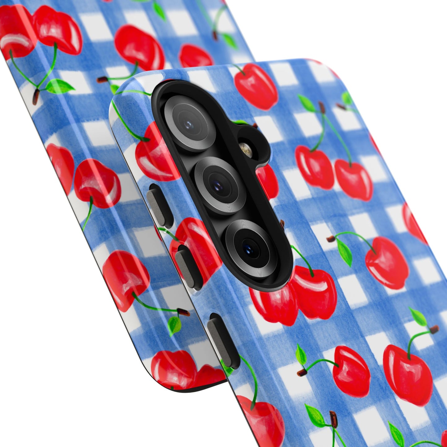 Tossed Red Watercolor Illustrated Cherries Light Blue Gingham Tough Phone Case | Various Models