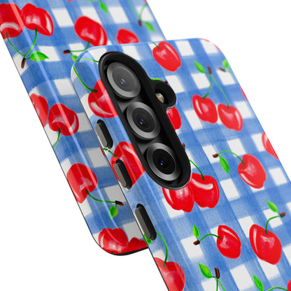 Tossed Red Watercolor Illustrated Cherries Light Blue Gingham Tough Phone Case | Various Models