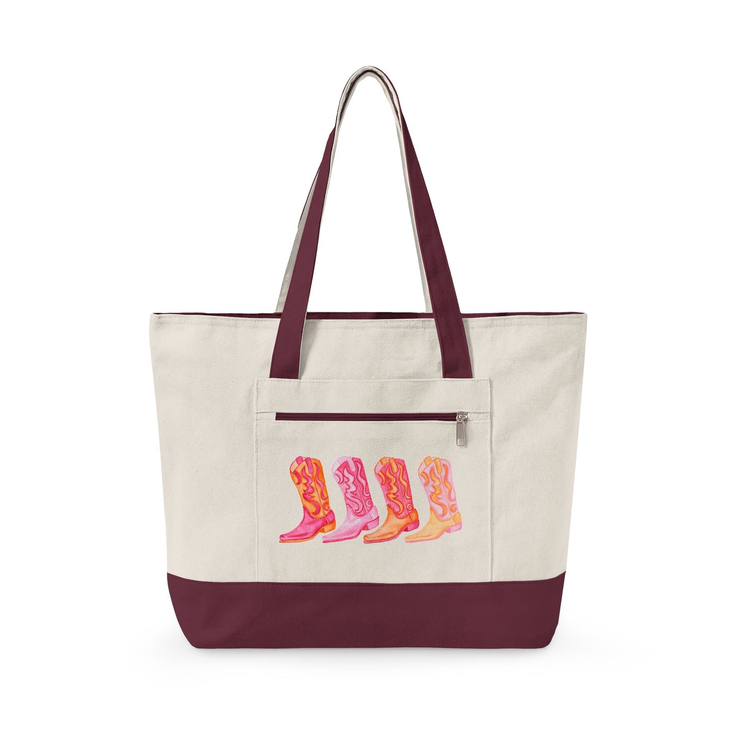 Row of Hot Pink & Orange Cowboy Boots Watercolor Printed Zippered Canvas Tote 18" x 14" | Various Colors