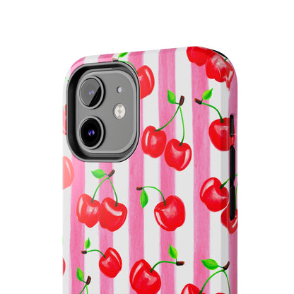 Tossed Red Watercolor Cherries Illustrated Pattern Light Pink Stripes Tough Phone Case | Various Models
