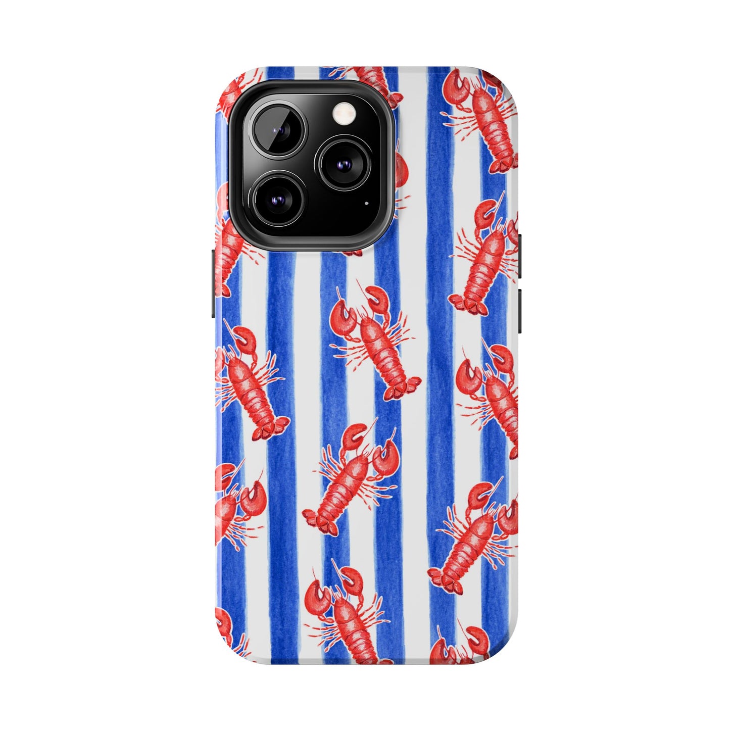 Blue & White Strip Red Lobster Watercolor Patterned Phone Case | Various Models