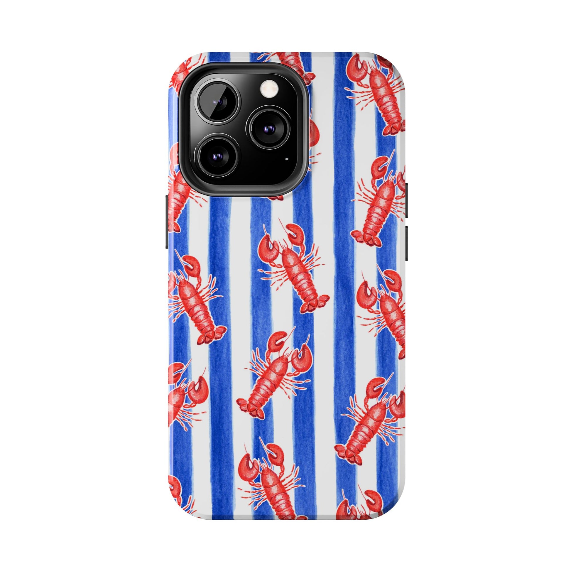 Blue & White Strip Red Lobster Watercolor Patterned Phone Case | Various Models