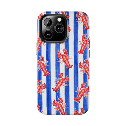 Blue & White Strip Red Lobster Watercolor Patterned Phone Case | Various Models