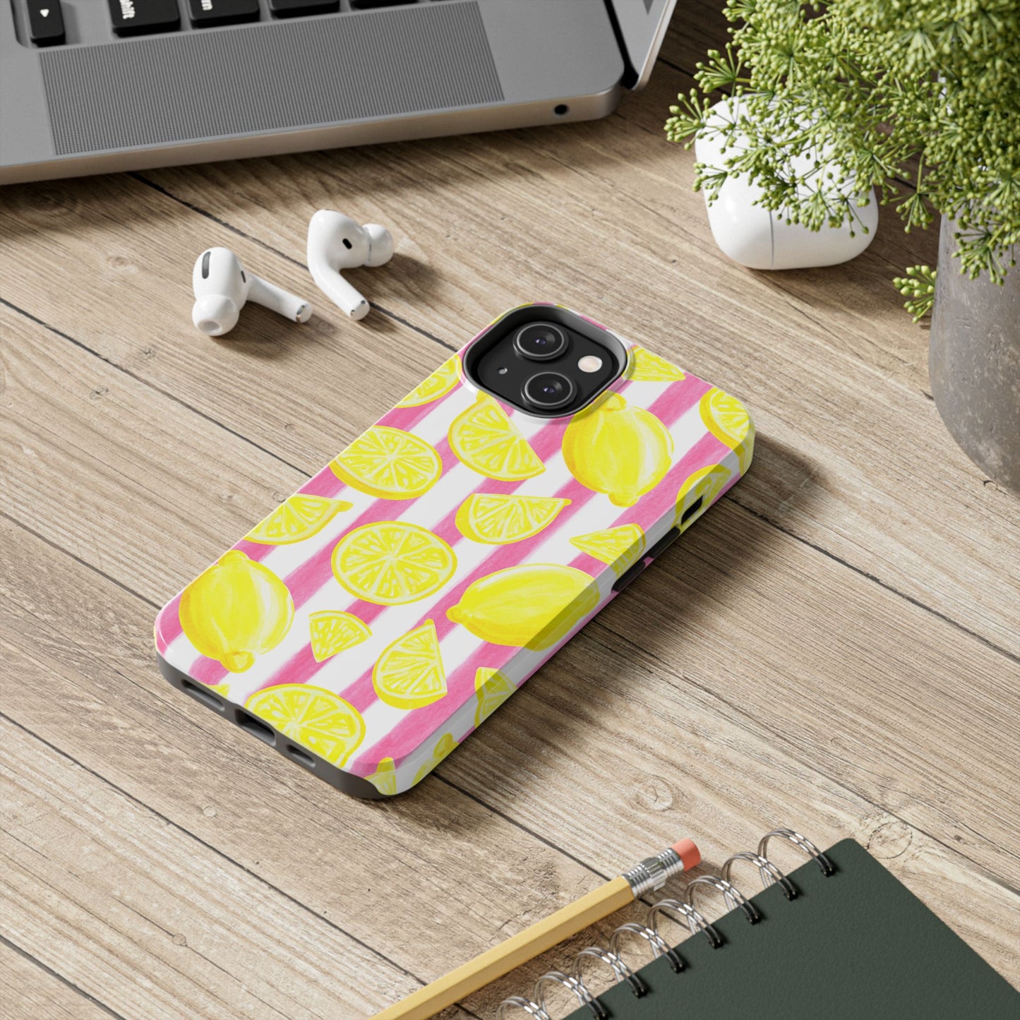 Pink Lemonade Yellow Lemons with Pink & White Watercolor Stripes Tough Phone Case