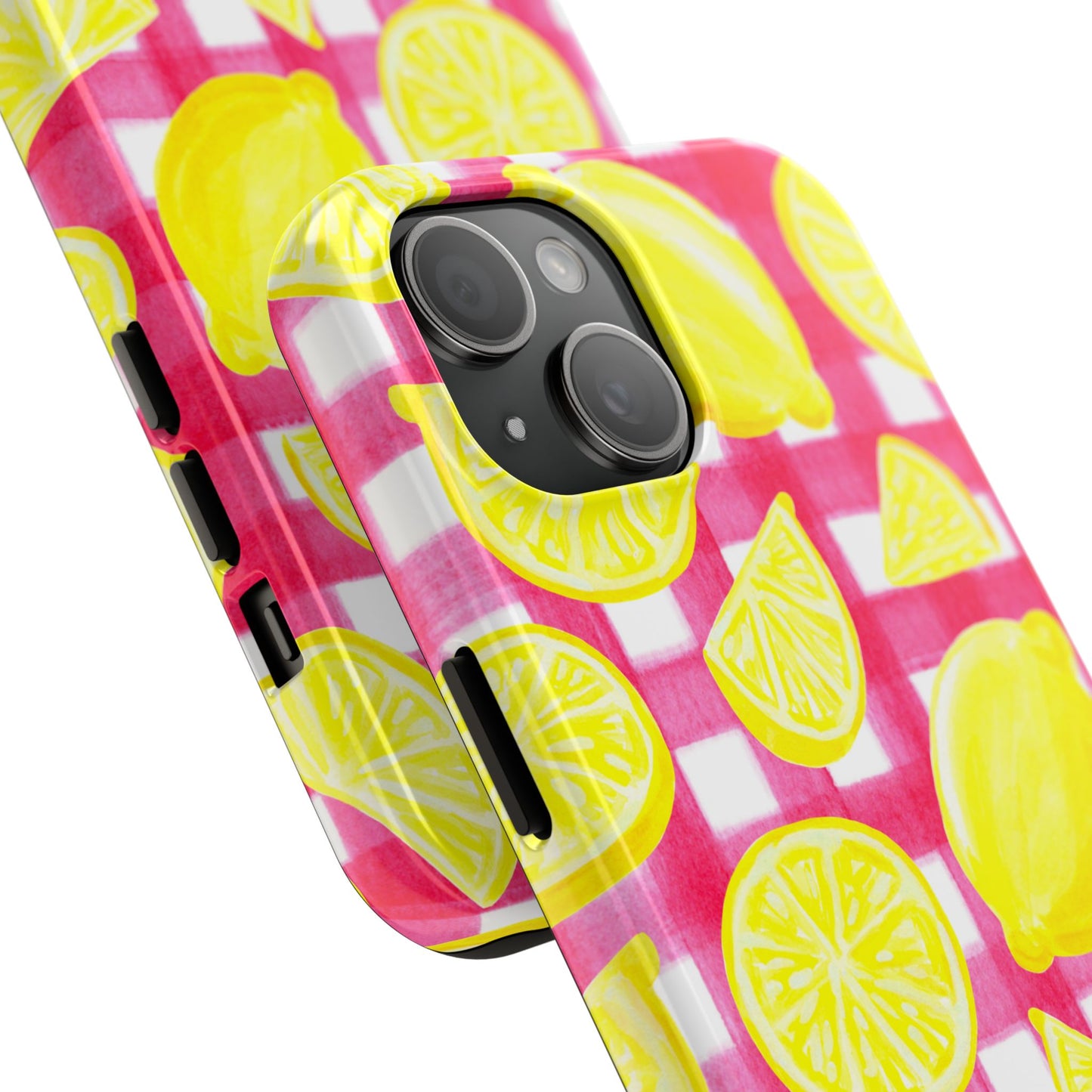 Yellow Lemons & Hot Pink Gingham Watercolor Illustrated Tough Phone Case | Various Models Available