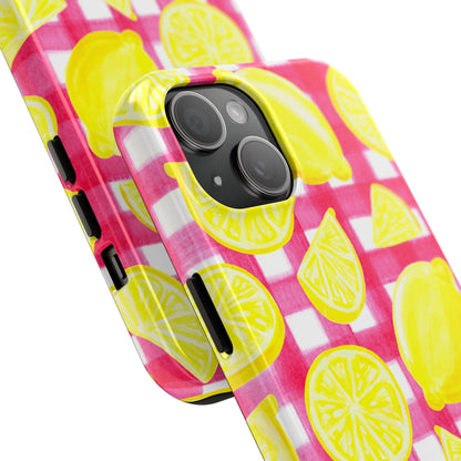 Yellow Lemons & Hot Pink Gingham Watercolor Illustrated Tough Phone Case | Various Models Available
