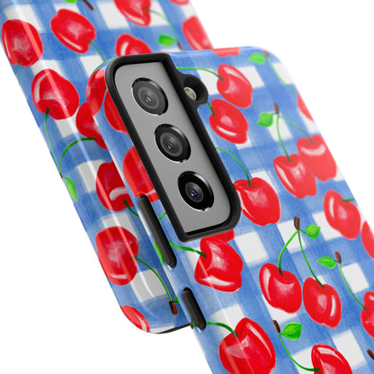 Tossed Red Cherries Blue Gingham Checkered Watercolor Illustrated Tough Phone Case | Various Models