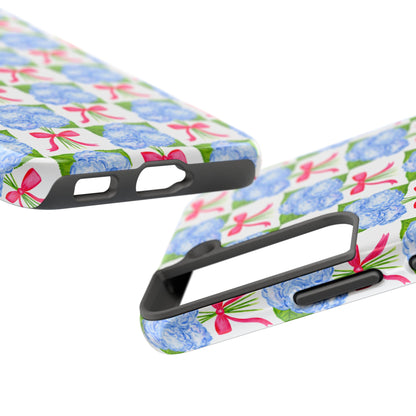Blue Watercolor Hydrangea Bouquets with Hot Pink Bows Illustrated Patterned Tough Phone Case | Various Models