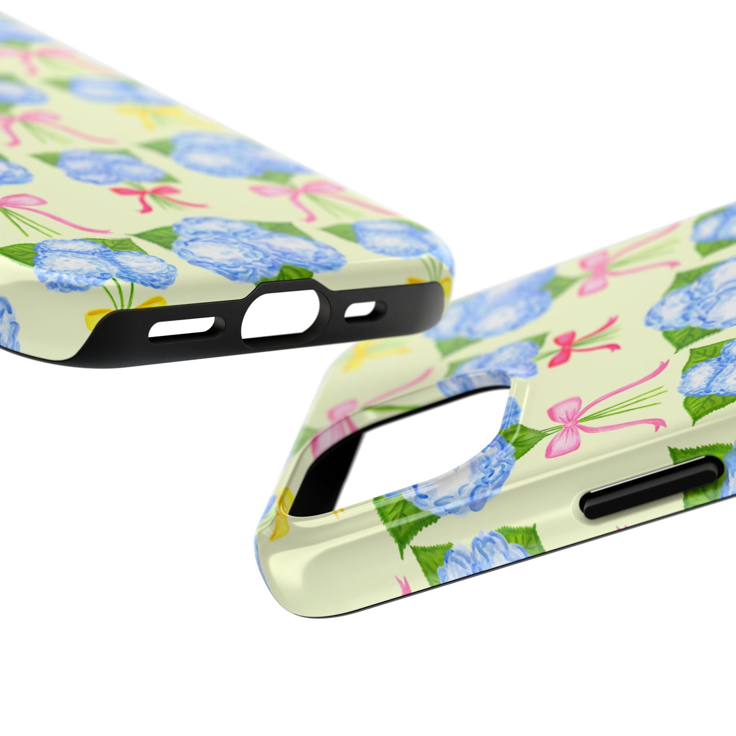 Blue Hydrangeas with Hot Pink, Yellow, Light Pink Bows Watercolor Illustrated Patterned Light Yellow Tough Phone Case | Various Models