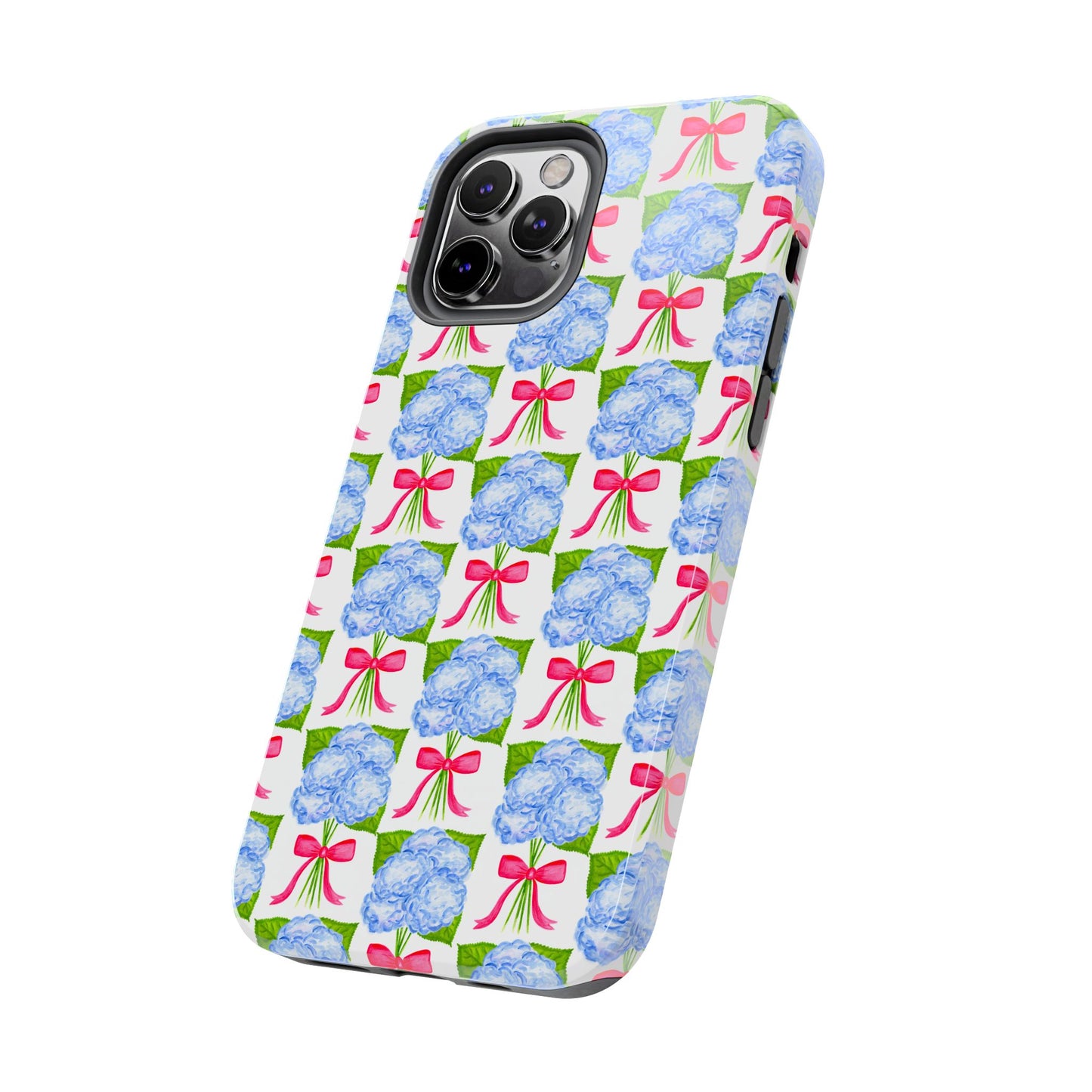 Blue Watercolor Hydrangea Bouquets with Hot Pink Bows Illustrated Patterned Tough Phone Case | Various Models