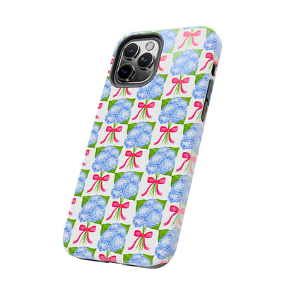 Blue Watercolor Hydrangea Bouquets with Hot Pink Bows Illustrated Patterned Tough Phone Case | Various Models