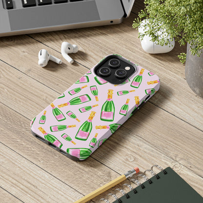 Tossed Pink and Green Watercolor Illustrated Champagne Bottles Pattern Blush Pink Tough Phone Case | Various Models