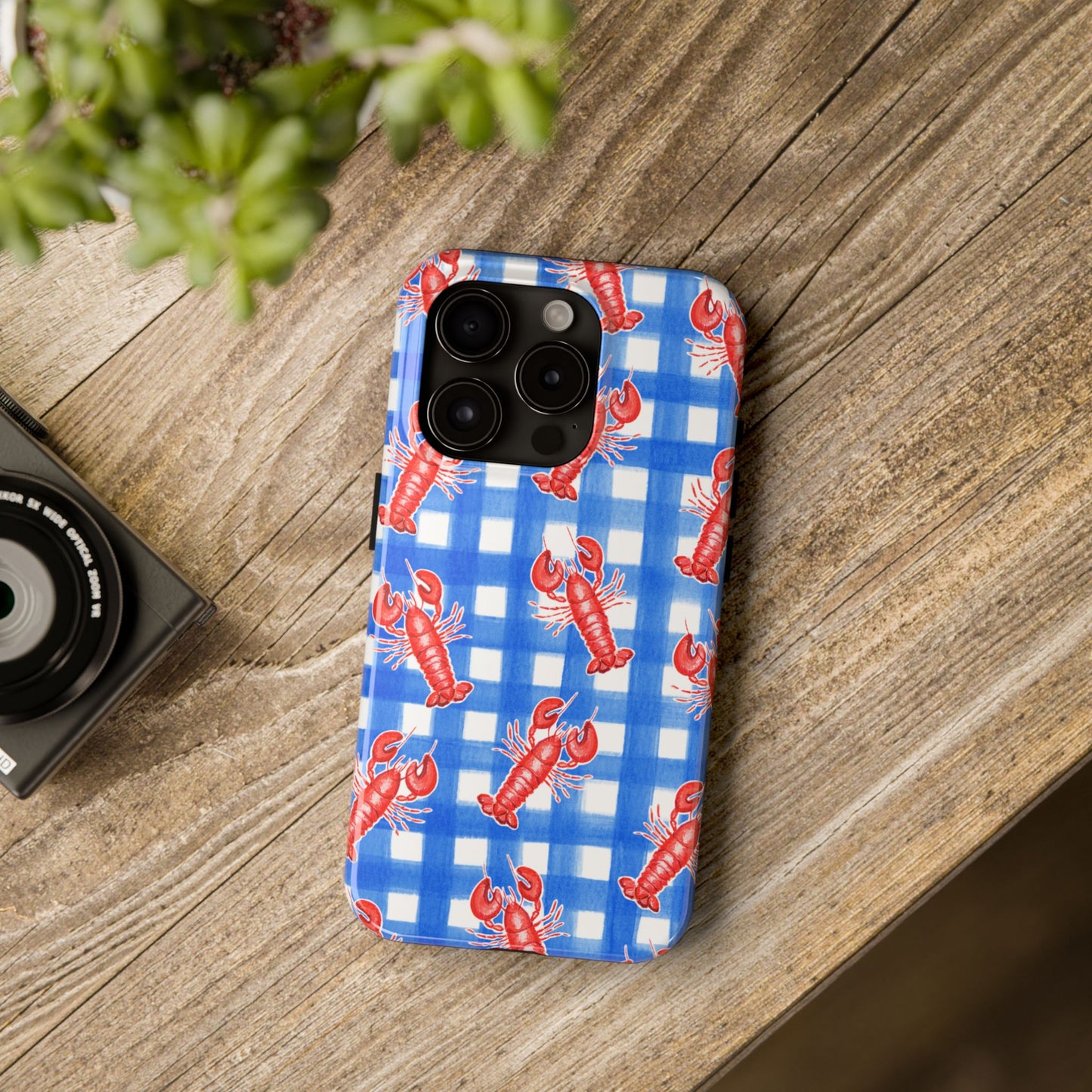 Blue Gingham Red Lobster Watercolor Patterned Phone Case | Various Models