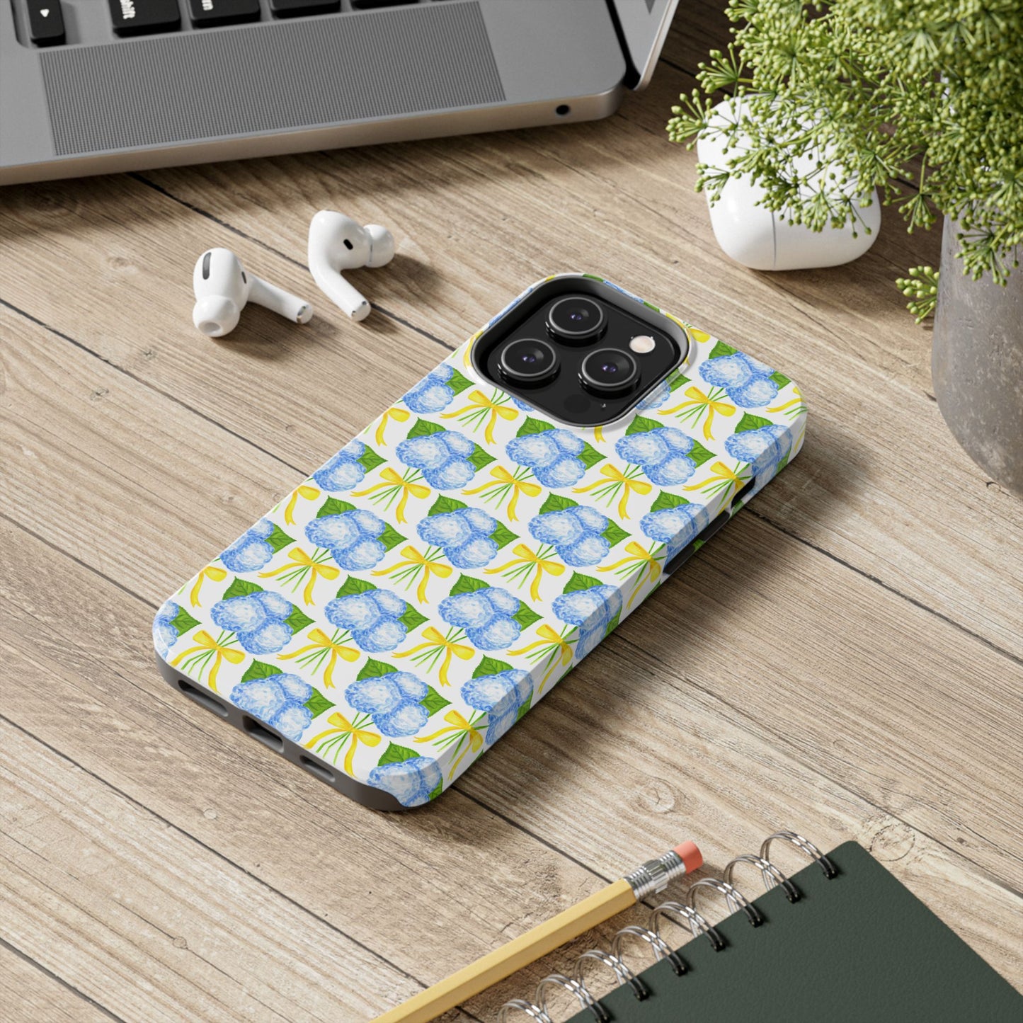 Blue Hydrangea Bouquets with Yellow Bow Ribbon Watercolor Illustrated Patterned Tough Phone Case | Various Models
