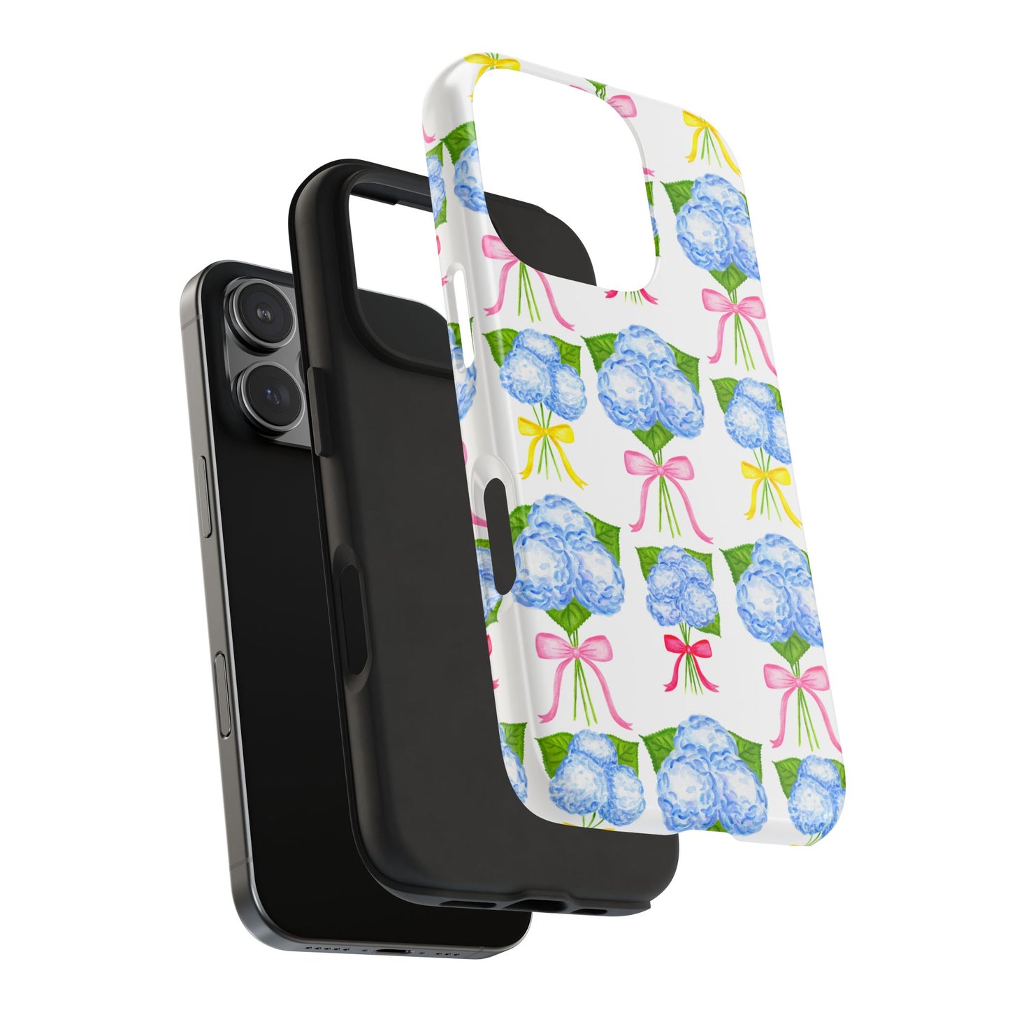 Blue Hydrangeas with Hot Pink, Yellow, Light Pink Bows Watercolor Illustrated Patterned Tough Phone Case | Various Models
