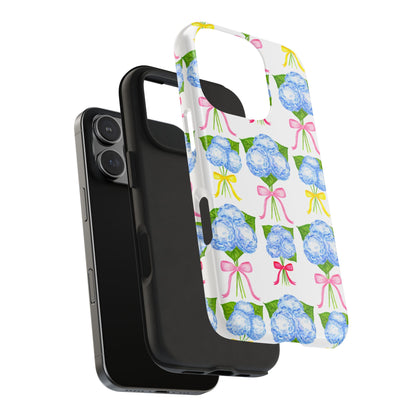 Blue Hydrangeas with Hot Pink, Yellow, Light Pink Bows Watercolor Illustrated Patterned Tough Phone Case | Various Models