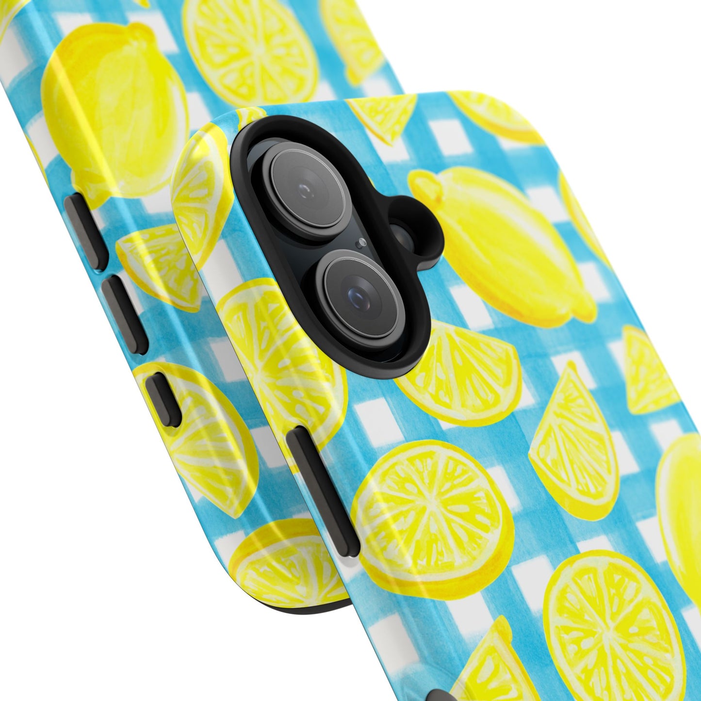 Bright Yellow Lemons Watercolor Illustrated Tossed Pattern Turquoise Gingham Tough Phone Case | Various Models