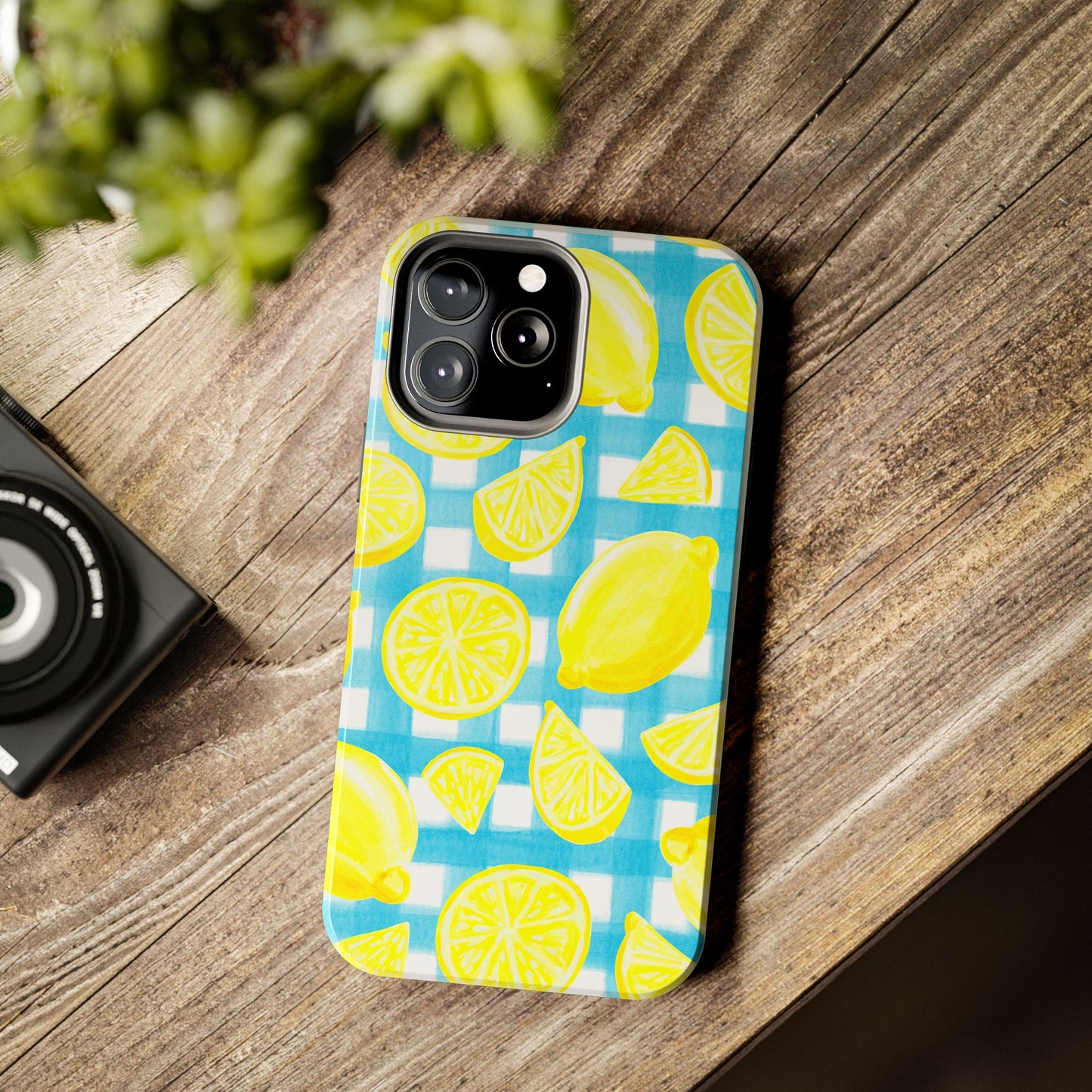 Yellow Lemons & Turquoise Gingham Watercolor Illustrated Tough Phone Case | Various Models Available