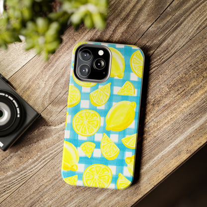 Yellow Lemons & Turquoise Gingham Watercolor Illustrated Tough Phone Case | Various Models Available