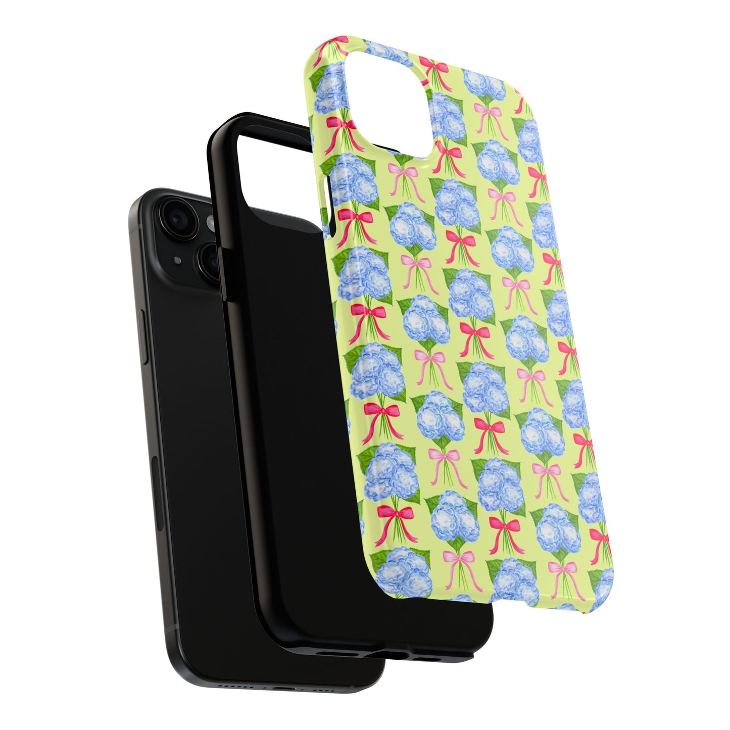 Watercolor Blue Hydrangea Bouquets with Hot Pink and Light Pink Bow Ribbons Illustrated Pattern Yellow Tough Phone Case | Various Models