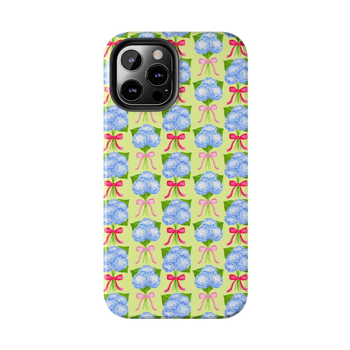 Watercolor Blue Hydrangea Bouquets with Hot Pink and Light Pink Bow Ribbons Illustrated Pattern Yellow Tough Phone Case | Various Models
