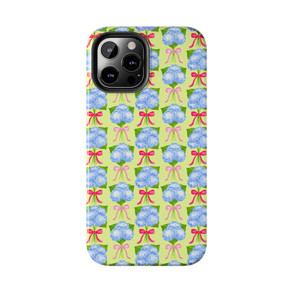 Watercolor Blue Hydrangea Bouquets with Hot Pink and Light Pink Bow Ribbons Illustrated Pattern Yellow Tough Phone Case | Various Models