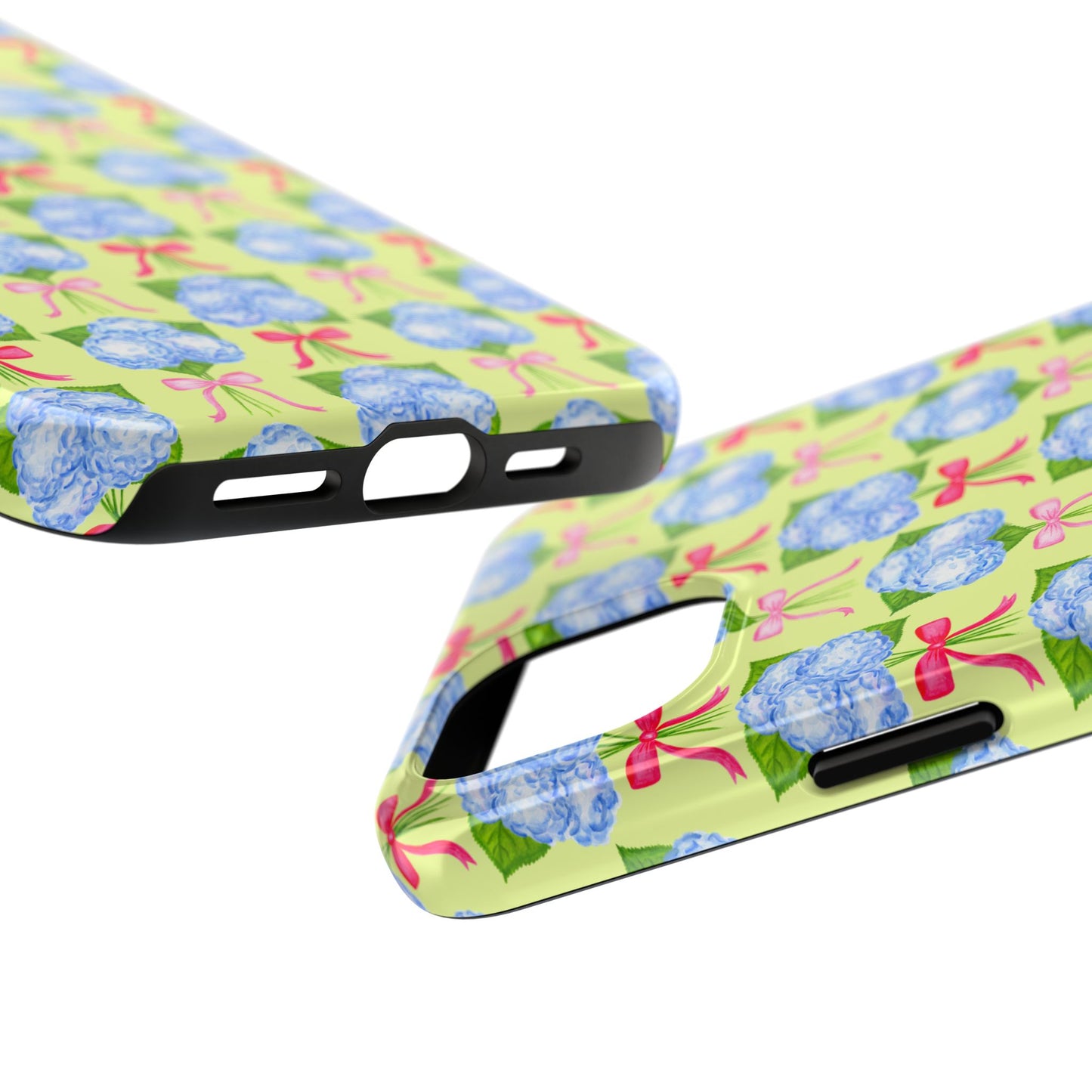 Watercolor Blue Hydrangea Bouquets with Hot Pink and Light Pink Bow Ribbons Illustrated Pattern Yellow Tough Phone Case | Various Models