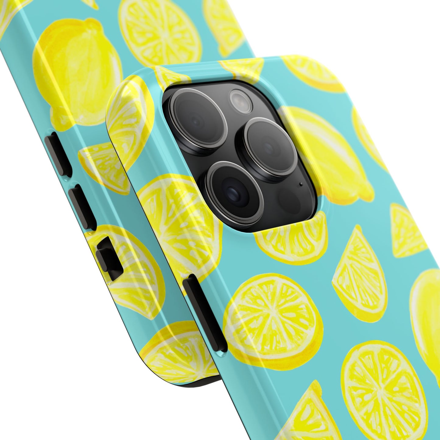 Bright Yellow Lemons Watercolor Illustrated Tossed Pattern Turquoise Blue Tough Phone Case | Various Models
