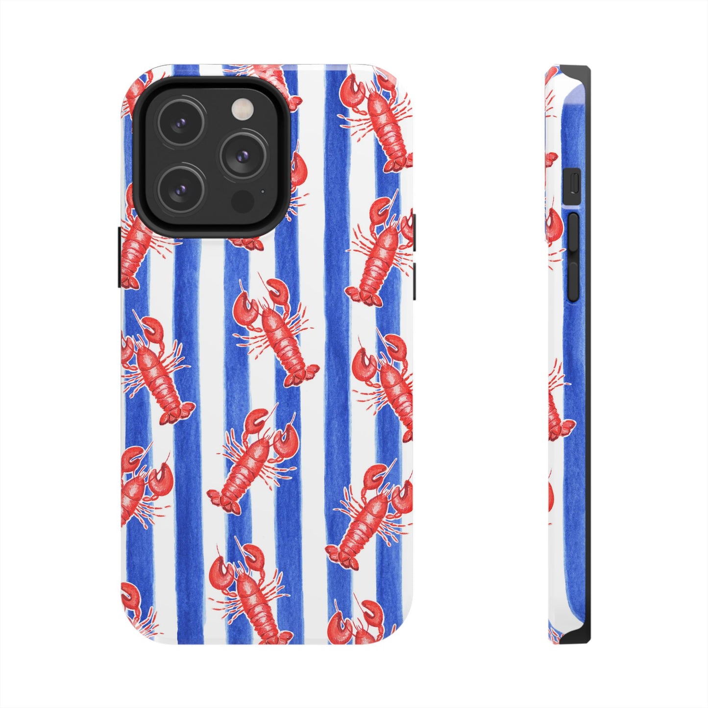 Blue & White Strip Red Lobster Watercolor Patterned Phone Case | Various Models iPhone 14 Pro Max