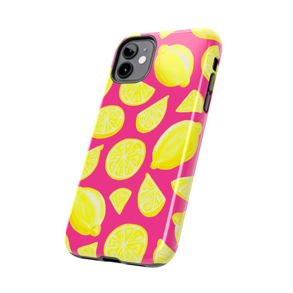 Bright Yellow Lemons Watercolor Illustrated Tossed Pattern Watermelon Pink Tough Phone Case | Various Models