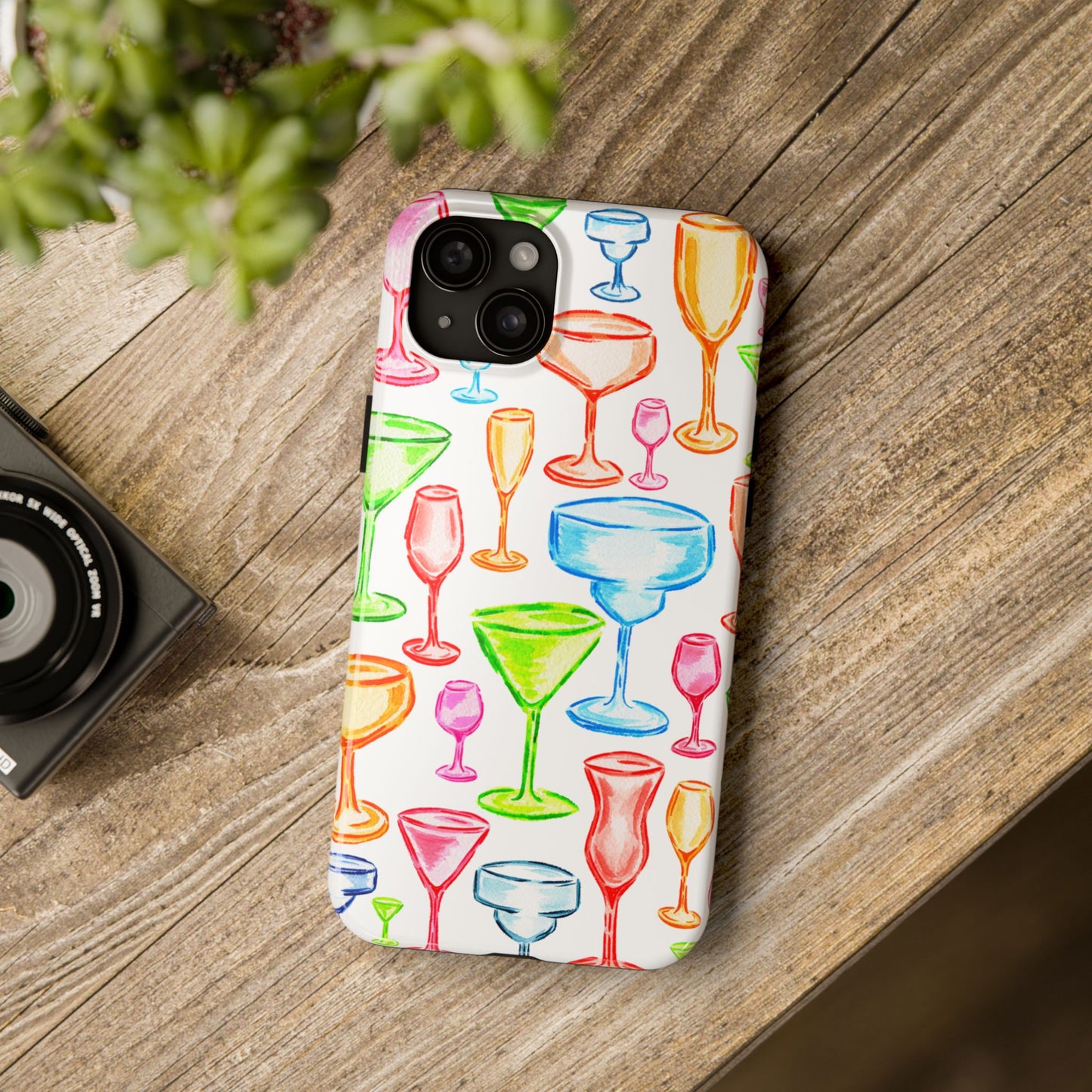 Monochromatic Margarita, Wine, Martini, and Champagne Flute Cocktail Glasses Watercolor Illustrated Tough Phone Case | Various Models Available