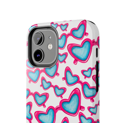 Pink & Blue Heart Shaped Sunglasses Watercolor Illustrated Tossed Pattern Tough Case | Various Models