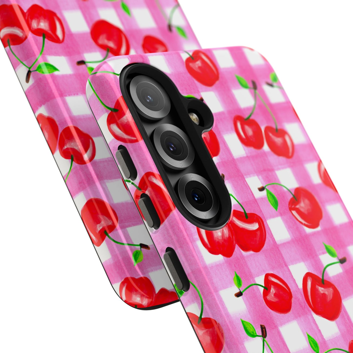 Tossed Red Watercolor Cherries Illustrated Pattern Light Pink Gingham Tough Phone Case | Various Models