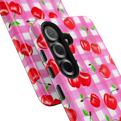 Tossed Red Watercolor Cherries Illustrated Pattern Light Pink Gingham Tough Phone Case | Various Models
