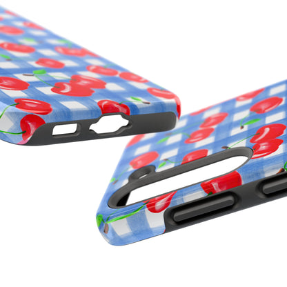 Tossed Red Watercolor Illustrated Cherries Light Blue Gingham Tough Phone Case | Various Models