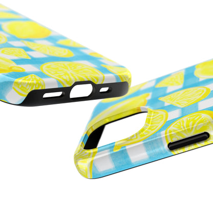 Yellow Lemons & Turquoise Gingham Watercolor Illustrated Tough Phone Case | Various Models Available
