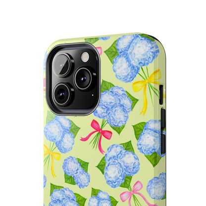 Blue Watercolor Hydrangea Bunches with Hot Pink, Yellow, Light Pink Bows Illustrated Patterned Yellow Tough Phone Case | Various Models