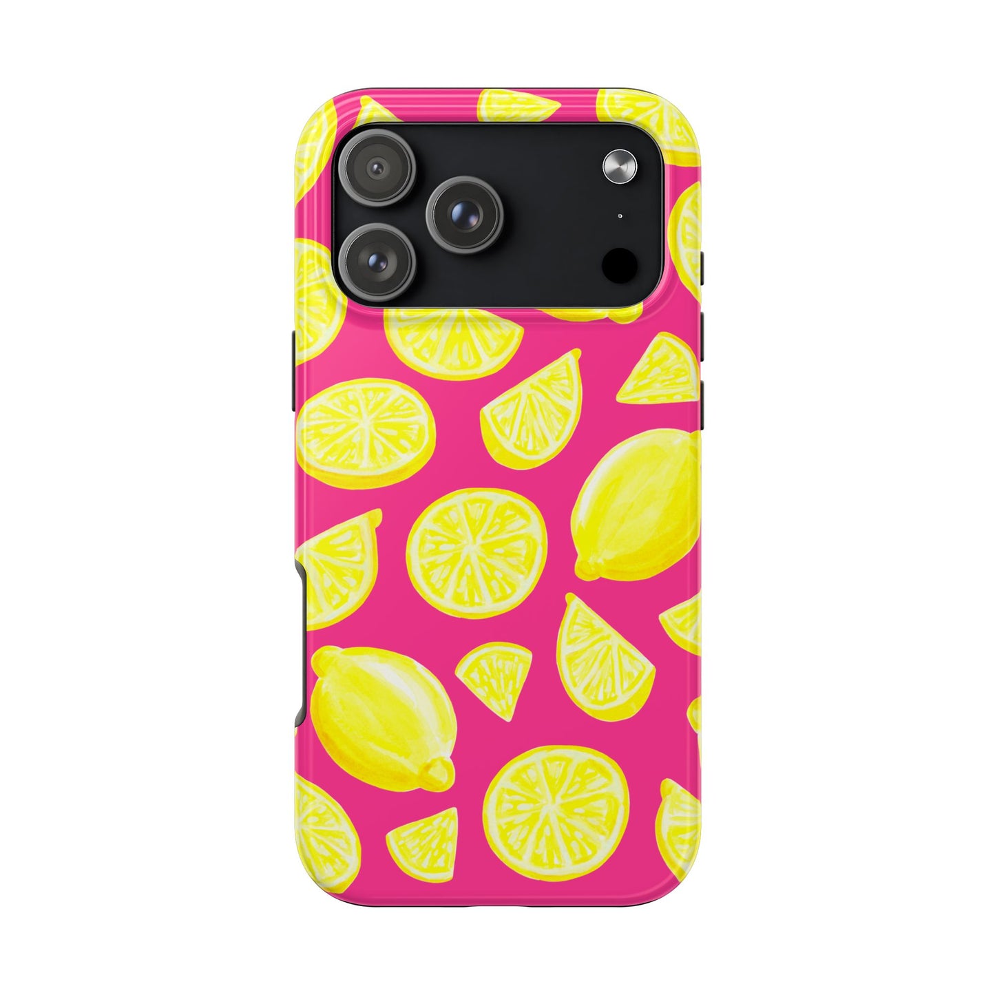 Bright Yellow Lemons Watercolor Illustrated Tossed Pattern Watermelon Pink Tough Phone Case | Various Models