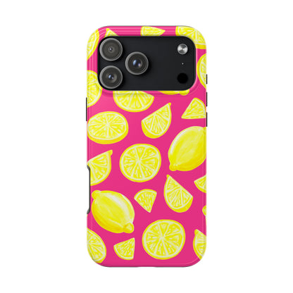 Bright Yellow Lemons Watercolor Illustrated Tossed Pattern Watermelon Pink Tough Phone Case | Various Models