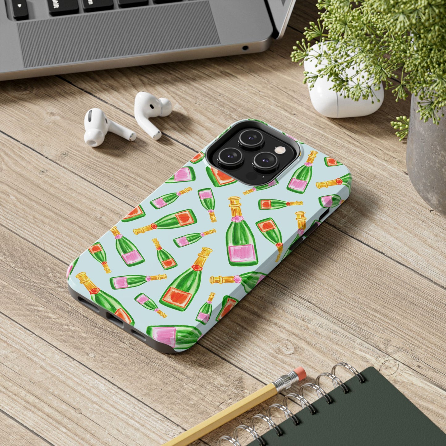 Tossed Pink and Green & Orange and Green Watercolor Illustrated Champagne Bottles Pattern Light Blue Tough Phone Case | Various Models