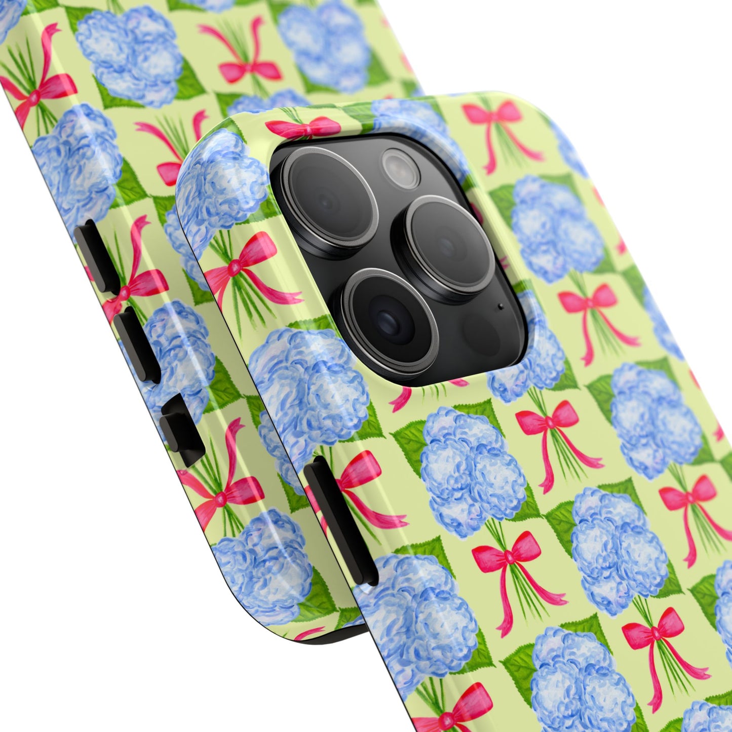 Blue Watercolor Hydrangea Bouquets with Hot Pink Bows Illustrated Patterned Yellow Preppy Grand Millenial Tough Phone Case | Various Models