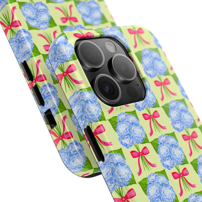 Blue Watercolor Hydrangea Bouquets with Hot Pink Bows Illustrated Patterned Yellow Preppy Grand Millenial Tough Phone Case | Various Models
