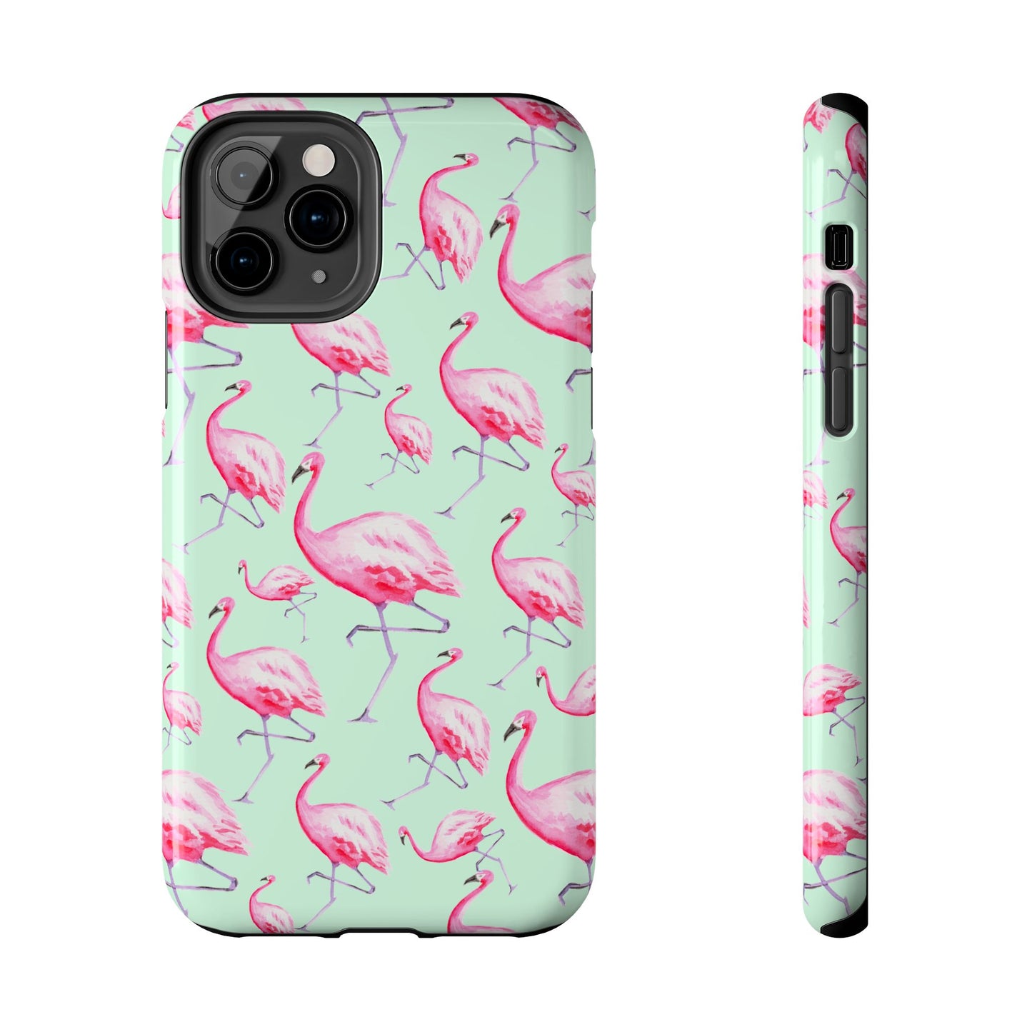 Pink Flamingos Watercolor Illustrated Tossed Pattern Green Phone Case | Various Models iPhone 11 Pro